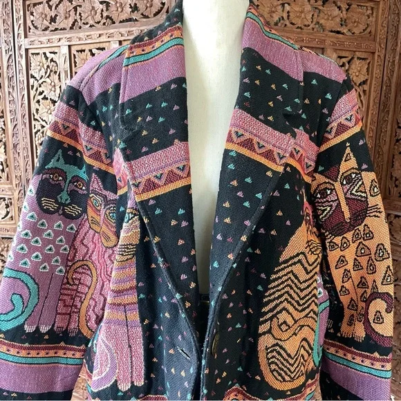 Original Vintage Laurel Burch Silverado Boho Cat Tapestry Blanket Knit Jacket - Picture 4 of 12